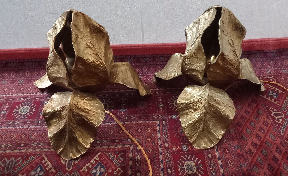 Pair Of Maison Charles "iris" Bronze Lamps, 1970s-photo-2