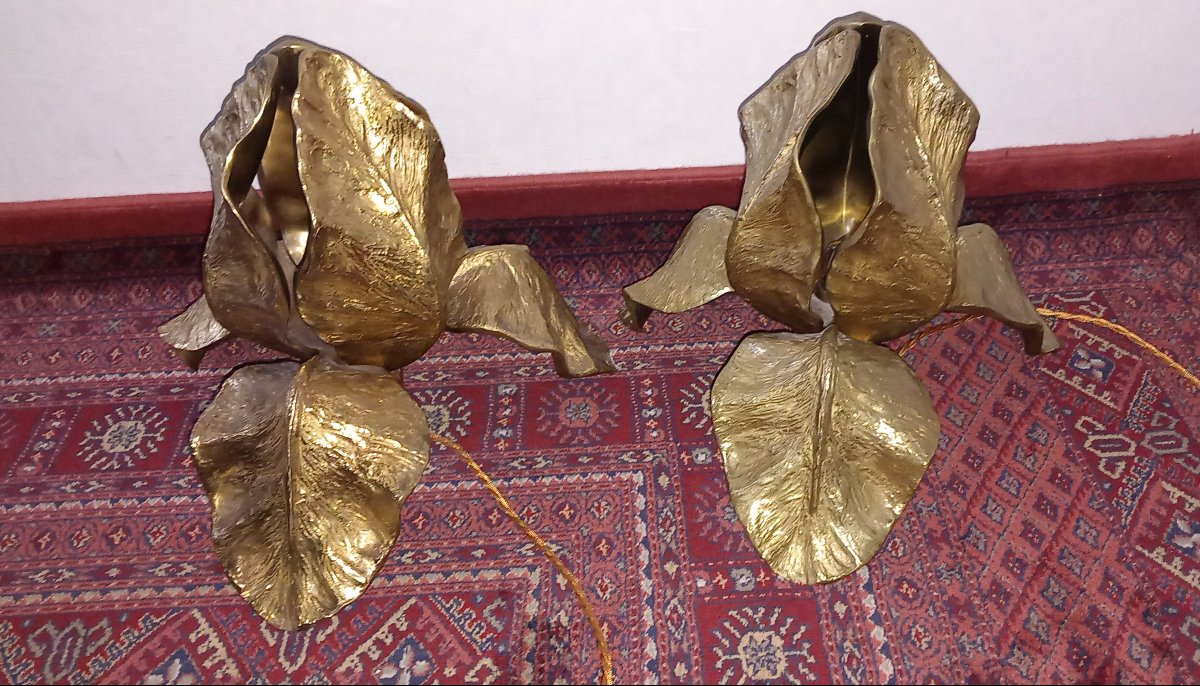 Pair Of Maison Charles "iris" Bronze Lamps, 1970s-photo-3