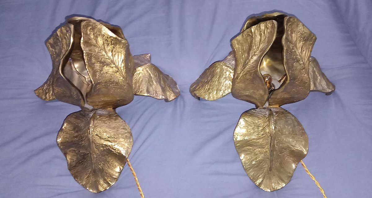 Pair Of Maison Charles "iris" Bronze Lamps, 1970s-photo-4