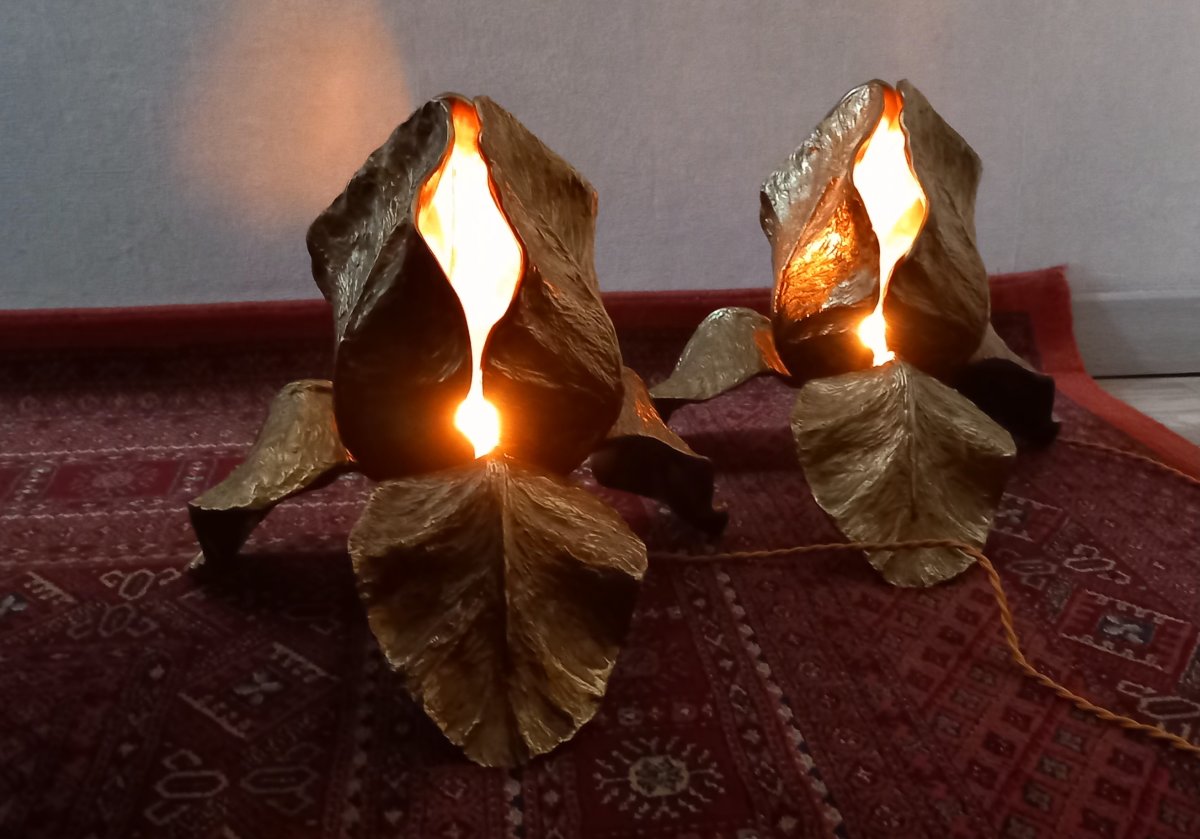 Pair Of Maison Charles "iris" Bronze Lamps, 1970s-photo-6