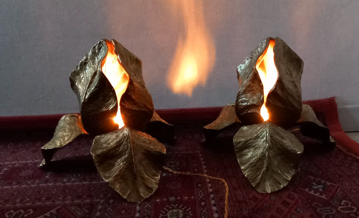 Pair Of Maison Charles "iris" Bronze Lamps, 1970s