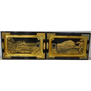 Paire de Panneaux en Laque – Temple Kinkaku-ji et Kiyomizu-dera – Japon