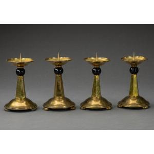 Suite de 4 chandeliers Art Déco en laiton et verre noir – Époque 1930