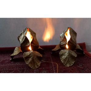 Pair Of Maison Charles "iris" Bronze Lamps, 1970s
