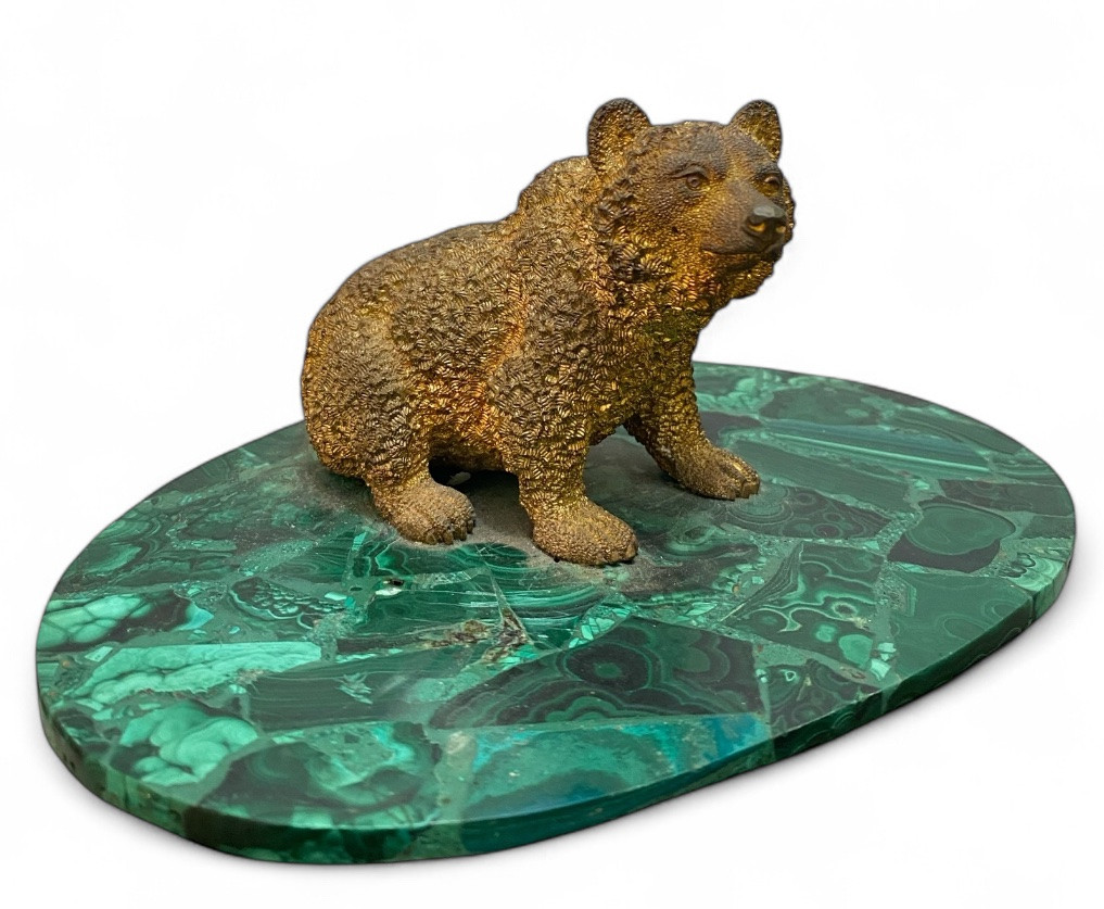Bronze Sculpture, Bear Statuette On An Oval Malachite Base-photo-2