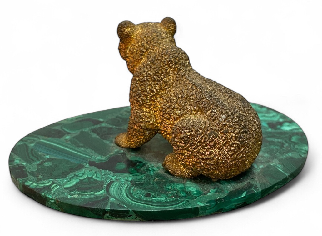 Bronze Sculpture, Bear Statuette On An Oval Malachite Base-photo-2