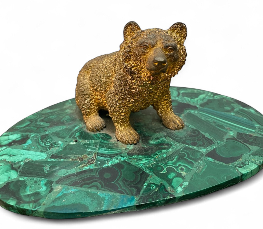 Bronze Sculpture, Bear Statuette On An Oval Malachite Base