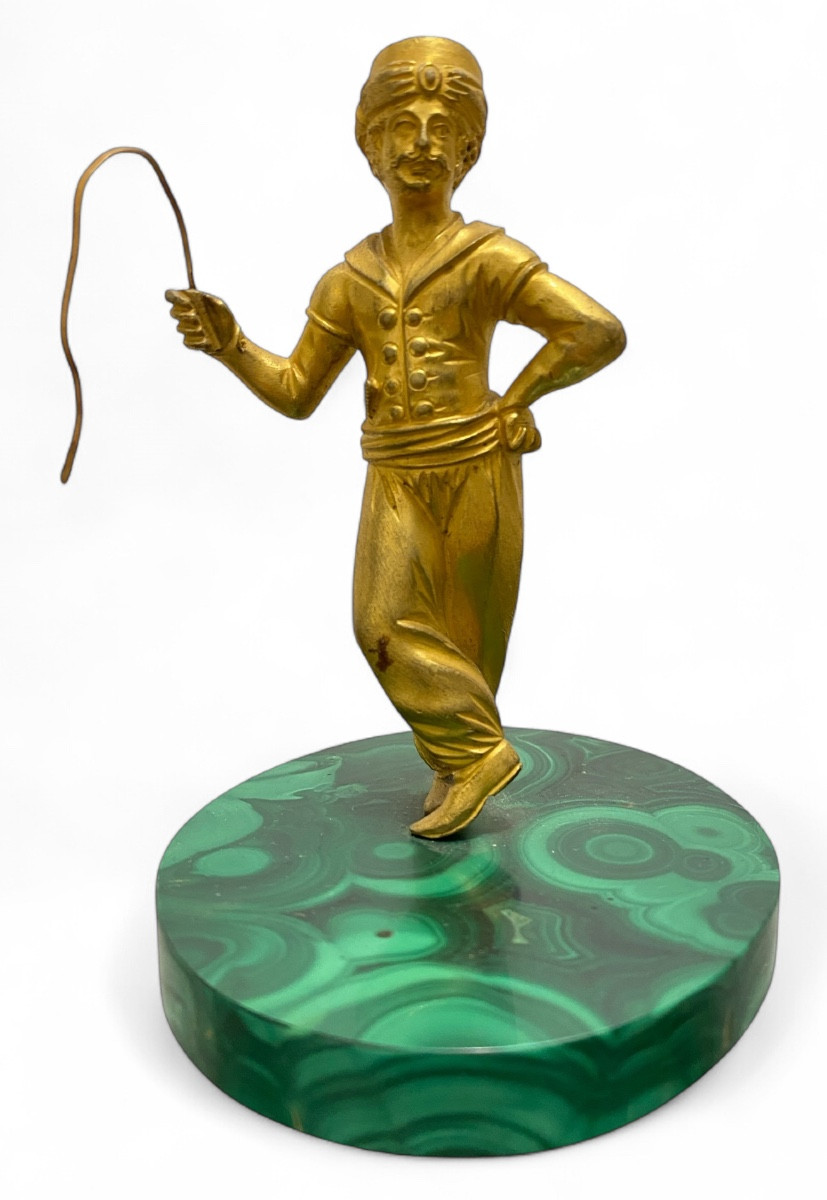 Exotic Male Figurine In Gilded Bronze On Malachite