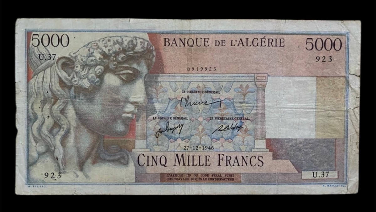 Billet ALGÉRIE FRANÇAISE – 5 000 Francs – 27 Décembre 1946 – Banque de l’Algérie – Apollon / Ar