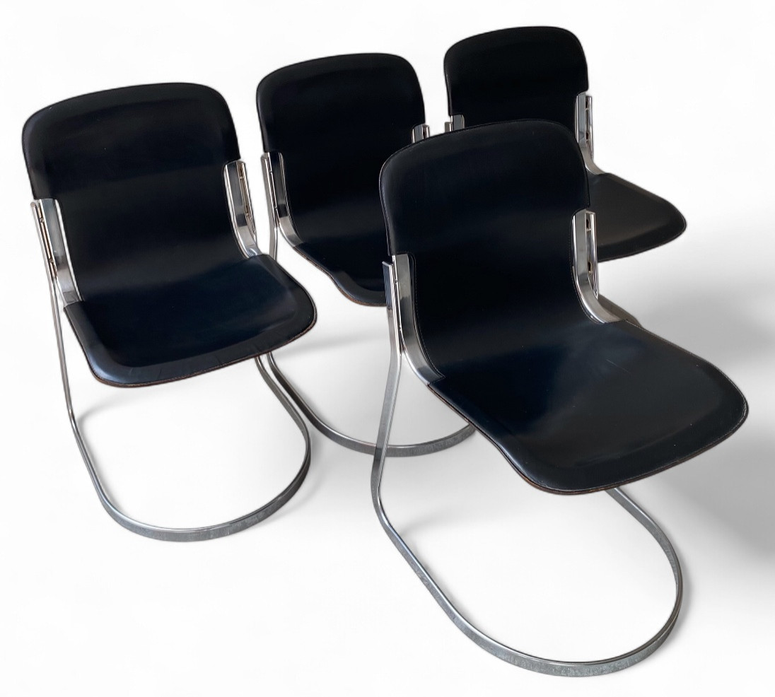 Willy Rizzo, Set Of Four Leather And Chrome-plated Metal Chairs, 1970s -photo-1