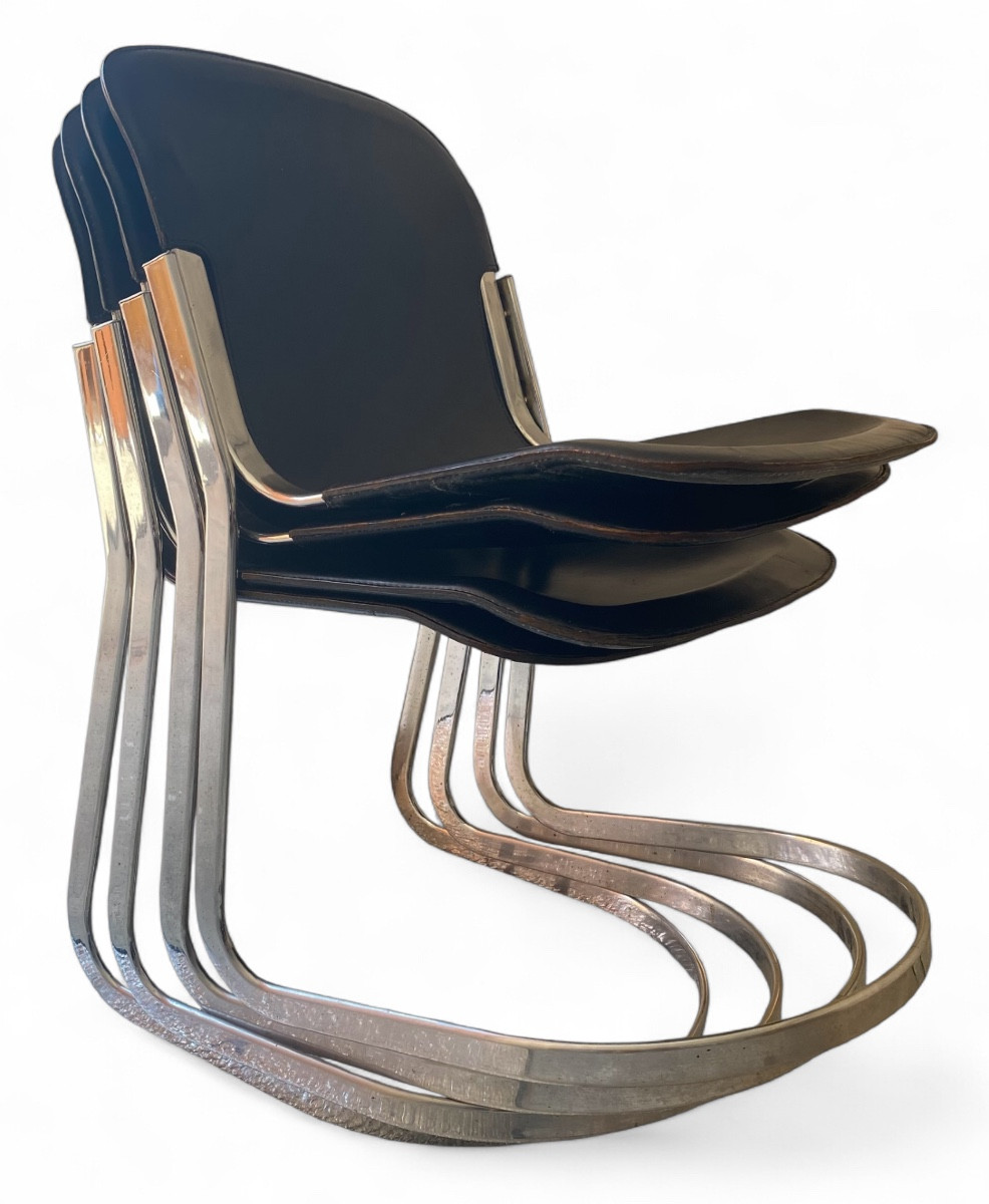 Willy Rizzo, Set Of Four Leather And Chrome-plated Metal Chairs, 1970s 