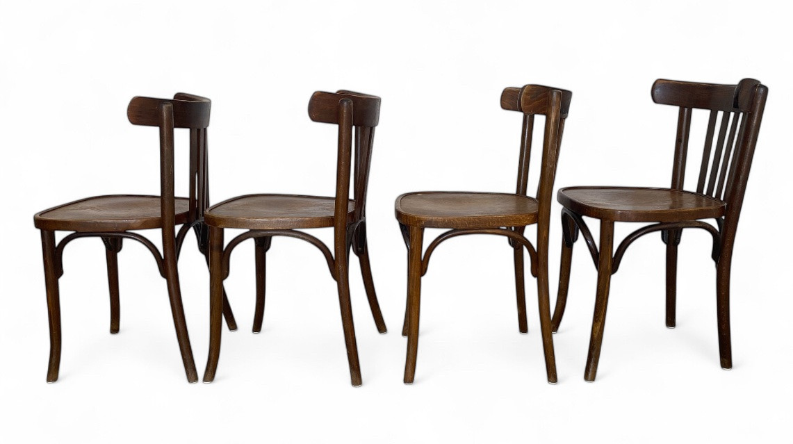Set Of 4 Antique Thonet Curved Wood Bistro Chairs-photo-2