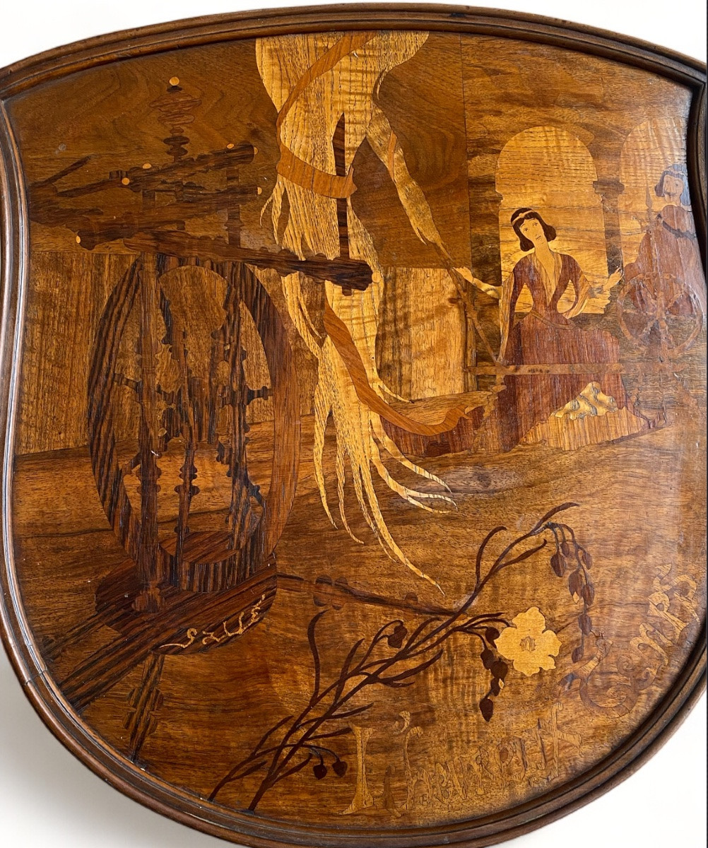 Emile Gallé "l'heureux Temps" Marquetry Pedestal Table, Ca 1902-photo-4