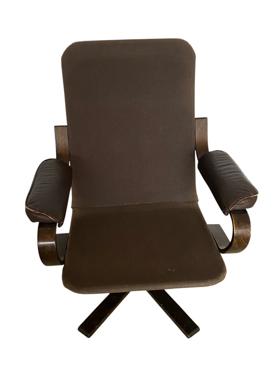Fauteuil scandinave vintage – bois courbé & cuir-photo-2