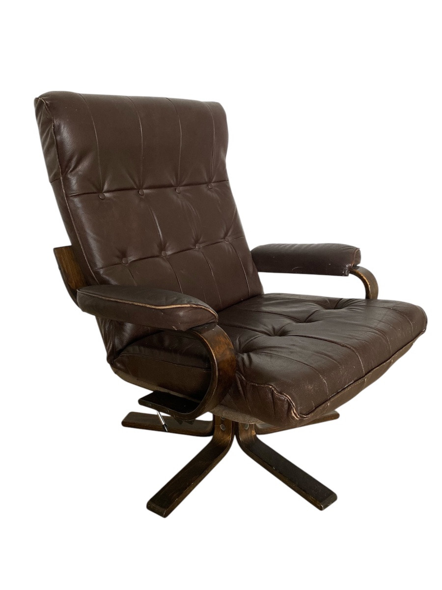 Fauteuil scandinave vintage – bois courbé & cuir-photo-1