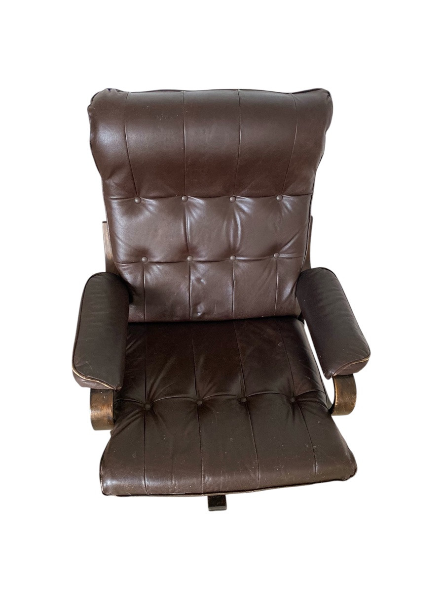 Fauteuil scandinave vintage – bois courbé & cuir-photo-4