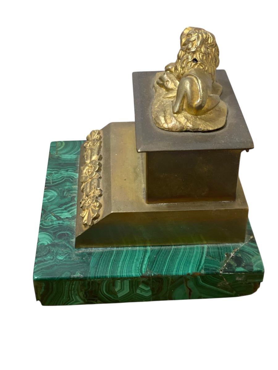 Decorative Bronze And Malachite Inkwell With Lion Decoration-photo-3