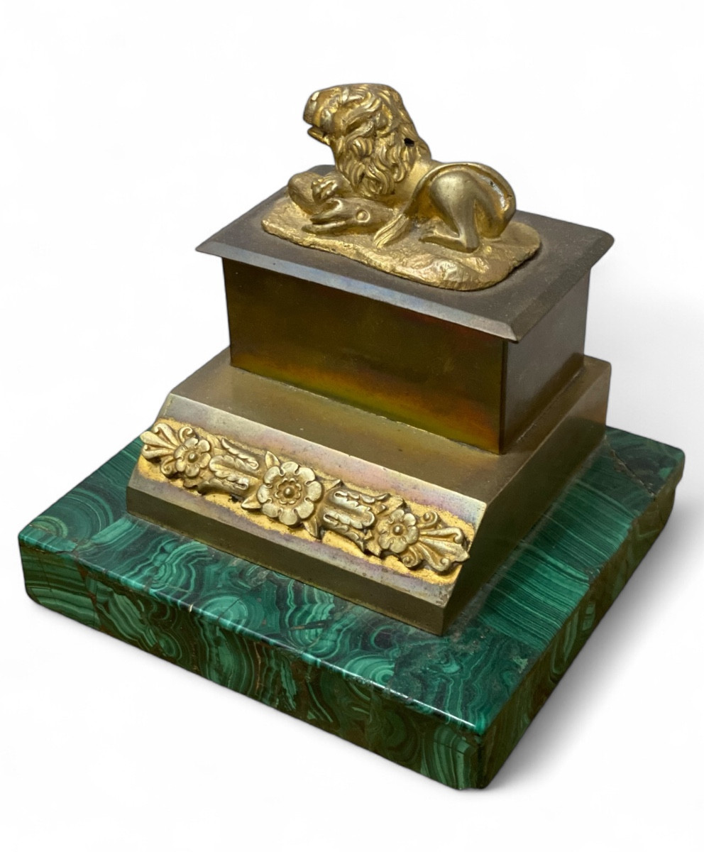 Decorative Bronze And Malachite Inkwell With Lion Decoration