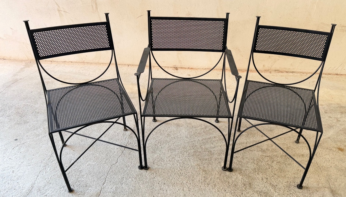 René-Jean Caillette "TOUR EIFFEL" ensemble table / chaises de jardin, acier et tôle perforée-photo-7
