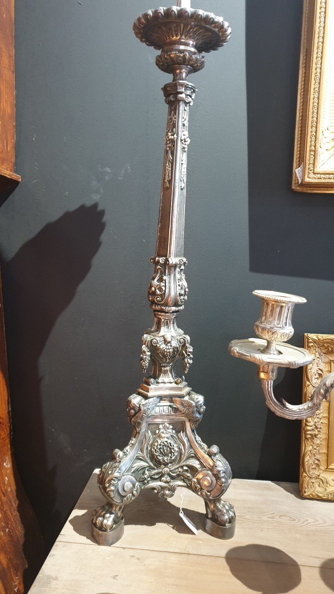 Pair Of Silver Metal Candlestick Spades 83cm