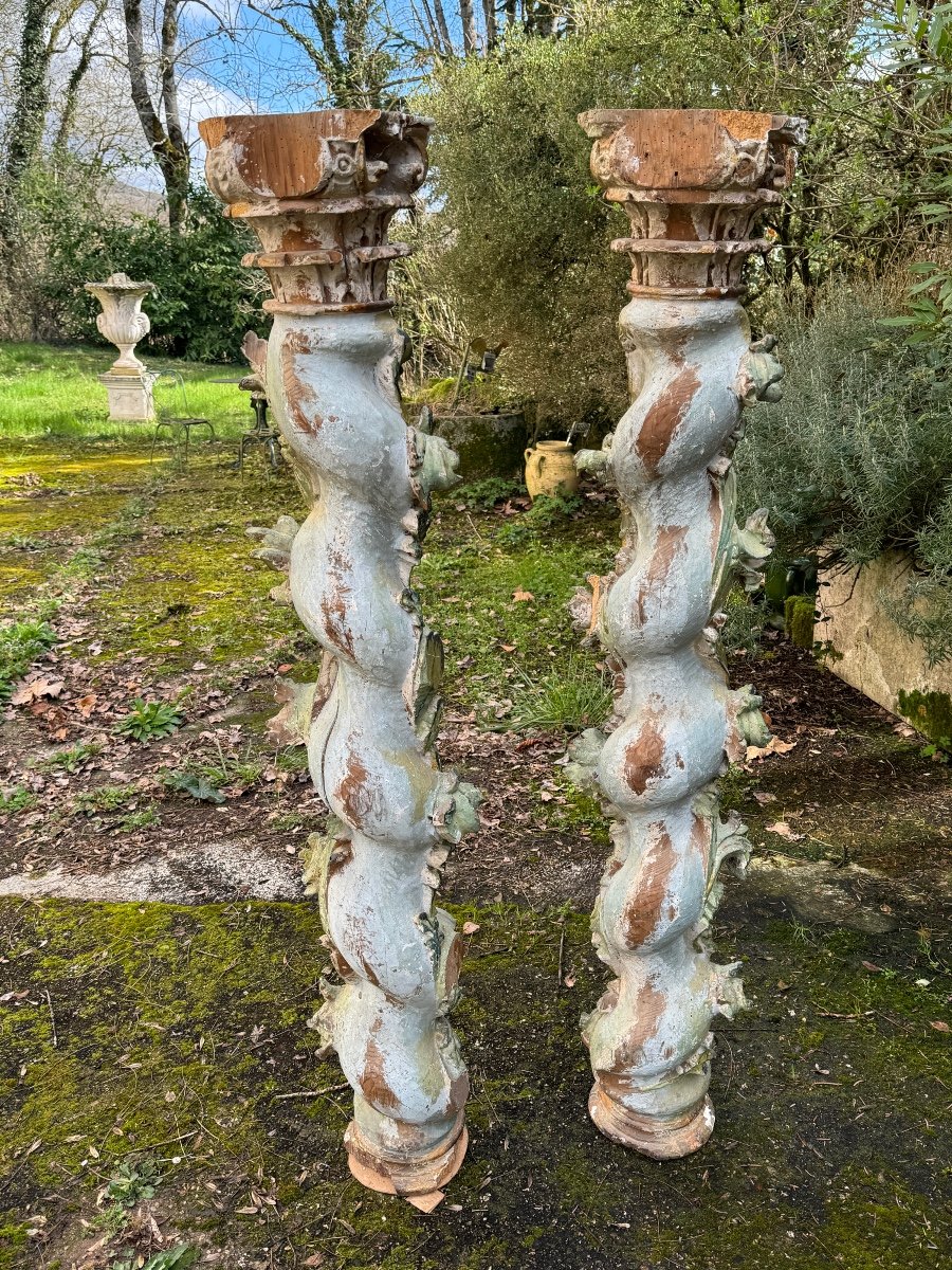 Paire De Colonnes Salomoniques En Bois , 18 Eme Siècle -photo-3