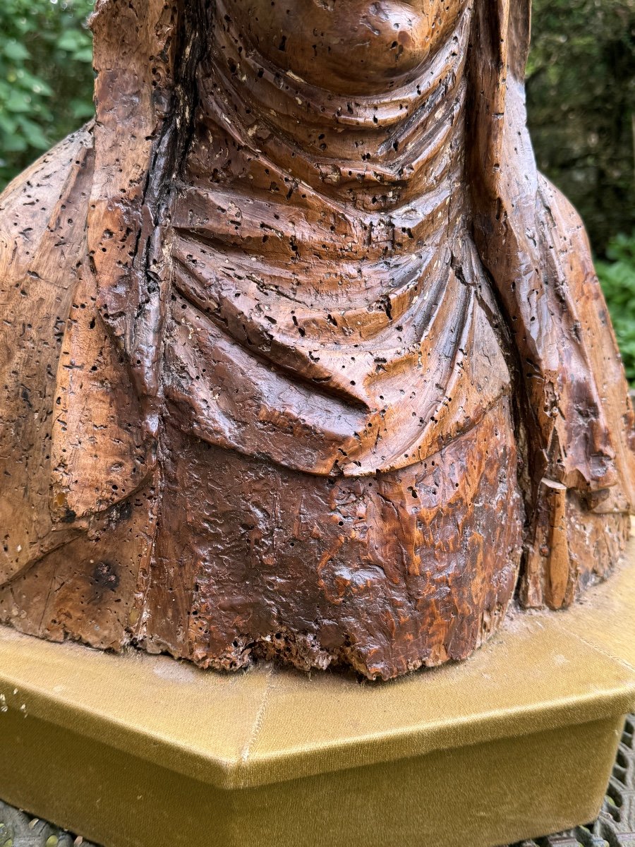 Buste De Sainte, Sculpture En Bois Du 17 Eme Siècle -photo-8