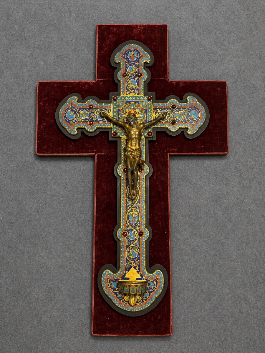 Crucifix néo-gothique en bronze doré et émaux cloisonnés-photo-2