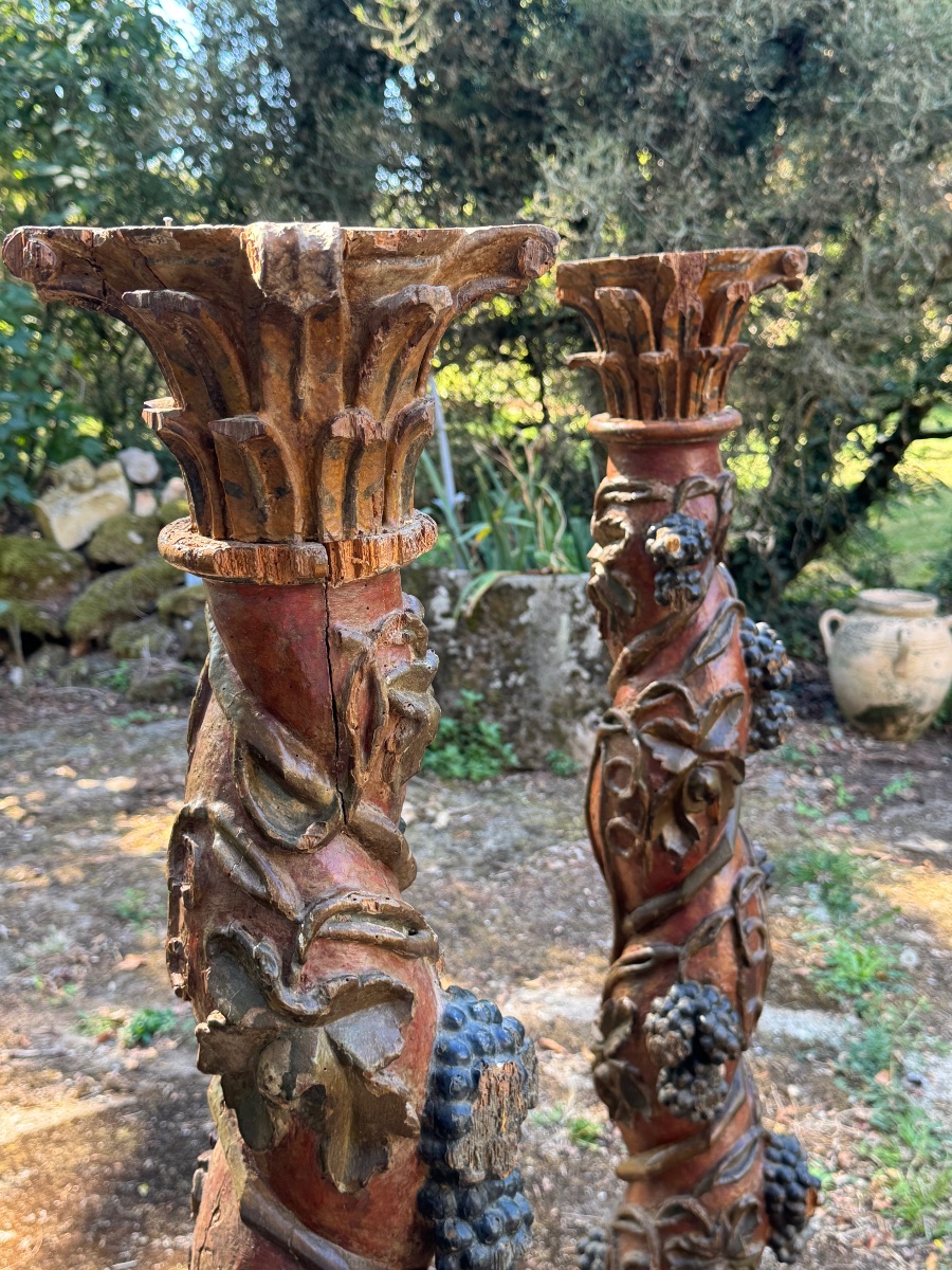 Pair Of Baroque Solomonic Columns With Vine Tendrils And Bunches Of Grapes-photo-5
