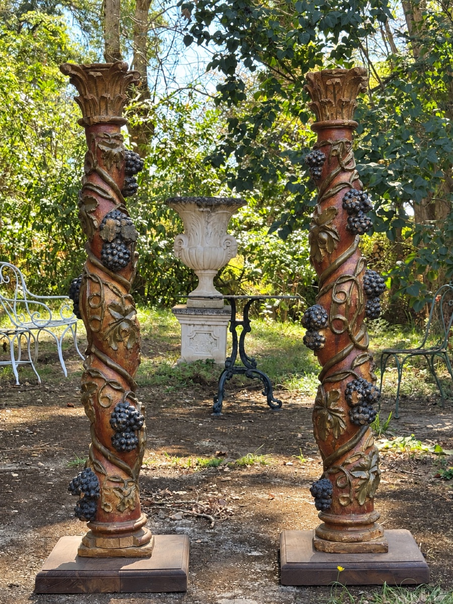 Pair Of Baroque Solomonic Columns With Vine Tendrils And Bunches Of Grapes