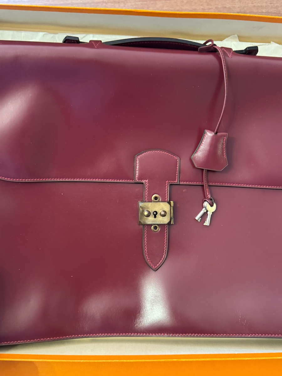 Hermès Paris – Burgundy Box Briefcase With Original Box-photo-3