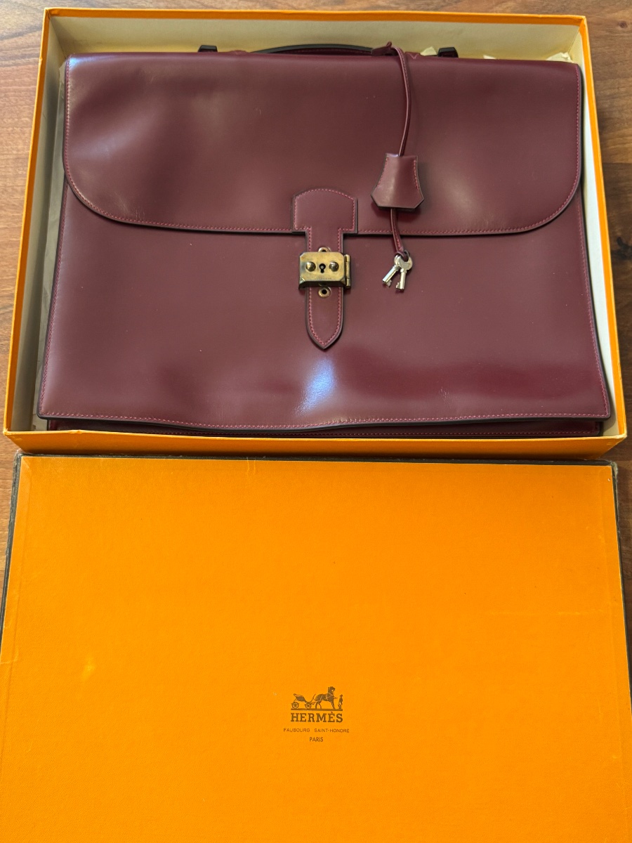Hermès Paris – Burgundy Box Briefcase With Original Box