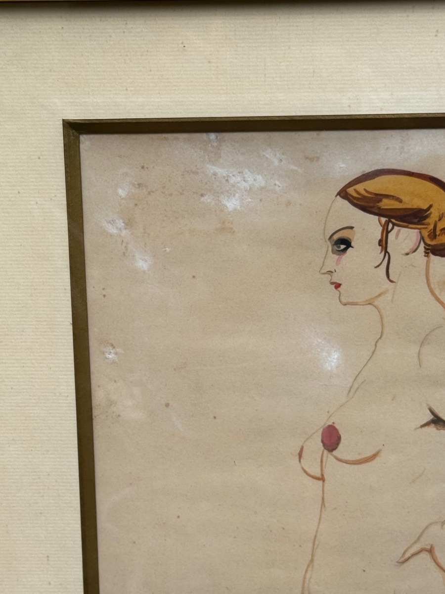 Élégante en déshabillé – Aquarelle Art déco, vers 1930-photo-3