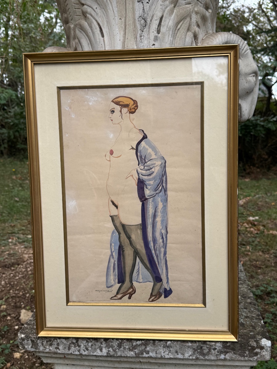 Élégante en déshabillé – Aquarelle Art déco, vers 1930-photo-4