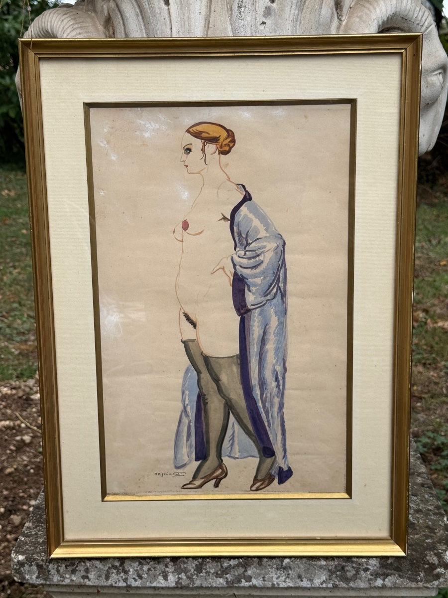 Élégante en déshabillé – Aquarelle Art déco, vers 1930-photo-4