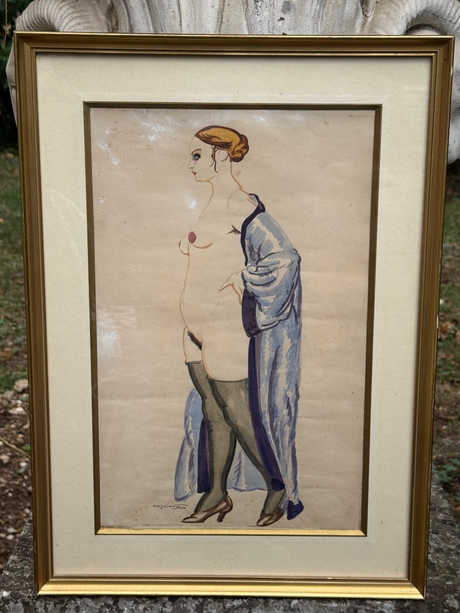 Élégante en déshabillé – Aquarelle Art déco, vers 1930-photo-6