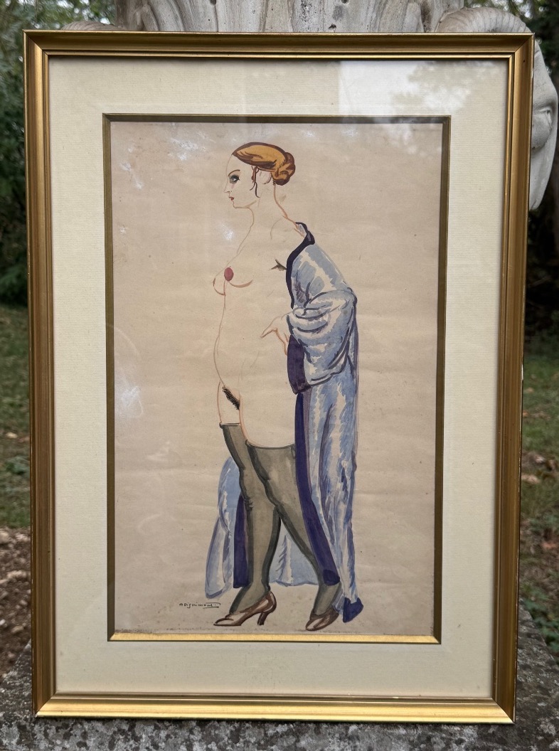 Élégante en déshabillé – Aquarelle Art déco, vers 1930