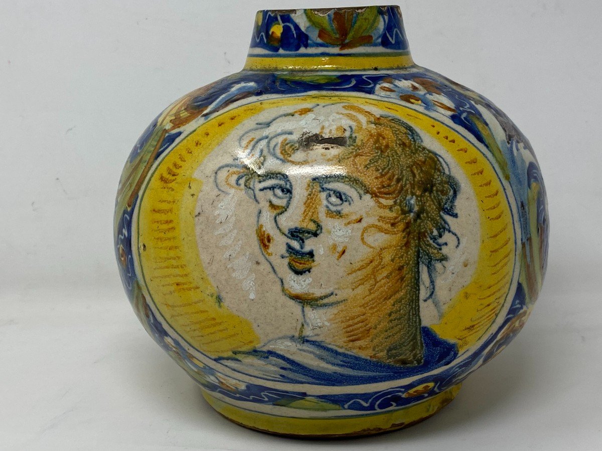 Vase Boule En Majolique Italienne à Décor Polychrome De Profils De Personnages - 17 ème-photo-4