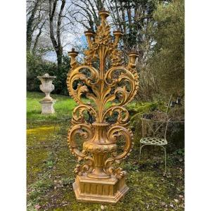 Important Candélabre En Bois Sculpté Et Doré  à Cinq Feux En