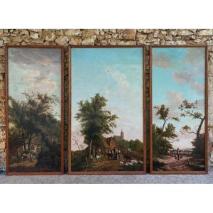 Suite de trois paysages animés à scènes de la vie paysanne