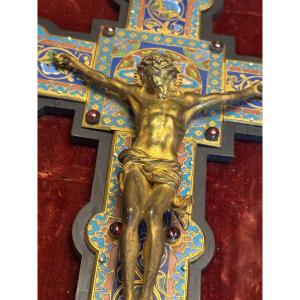 Gothic Revival Crucifix In Gilded Bronze And Cloisonné Enamel