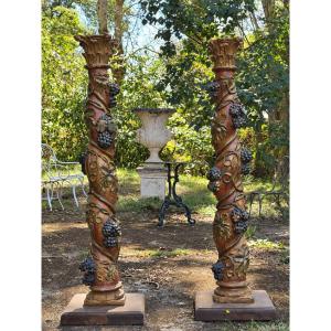 Pair Of Baroque Solomonic Columns With Vine Tendrils And Bunches Of Grapes