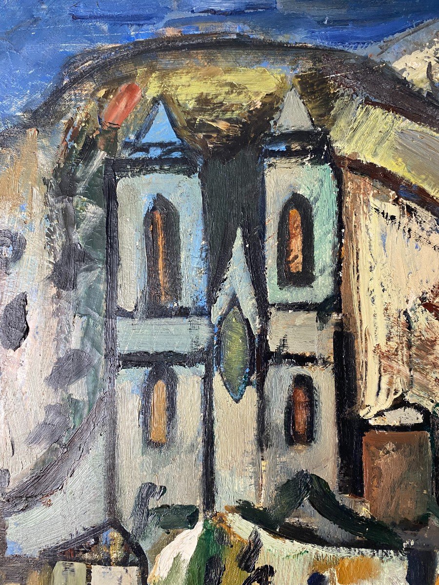 Marcel Saint-jean (1914-1994)  "église dans un paysage vallonné" PEINTURE LYONNAISE-photo-2