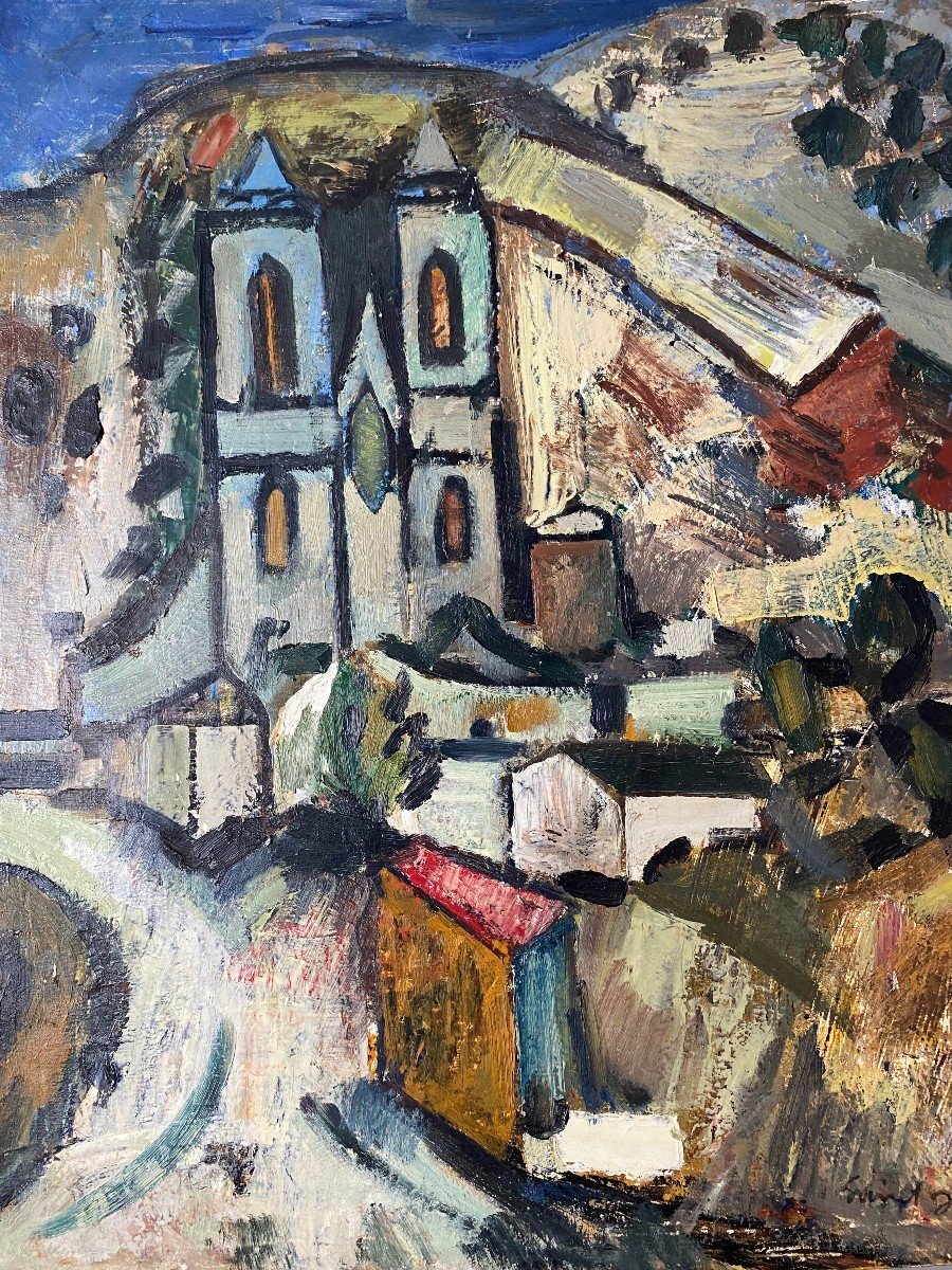 Marcel Saint-jean (1914-1994)  "église dans un paysage vallonné" PEINTURE LYONNAISE
