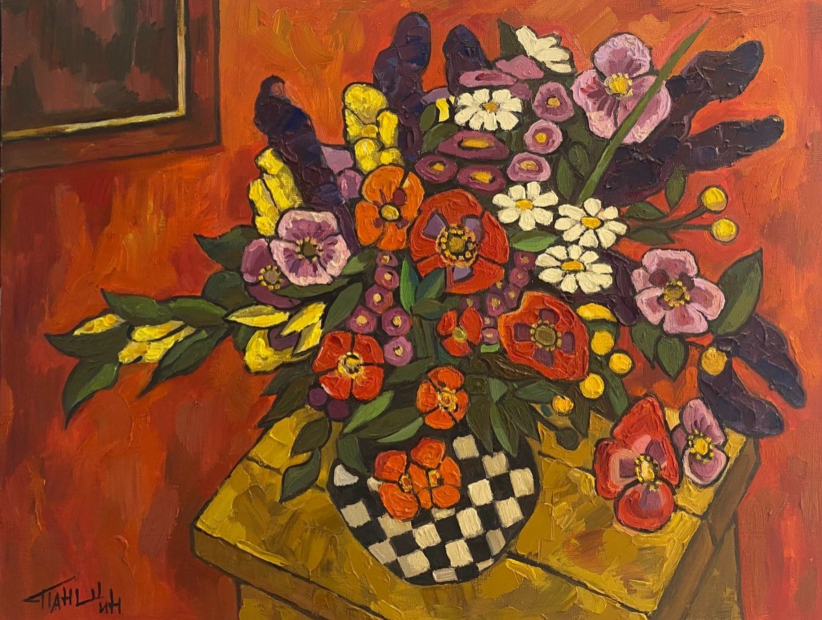Painting “still Life Bouquet Vase Checkerboard” Russian School-photo-2