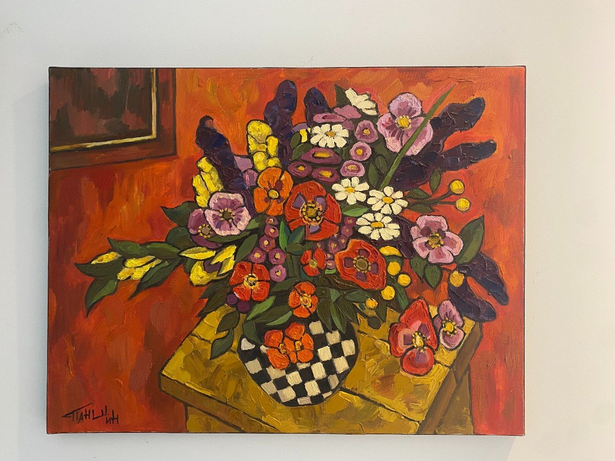 Painting “still Life Bouquet Vase Checkerboard” Russian School-photo-3