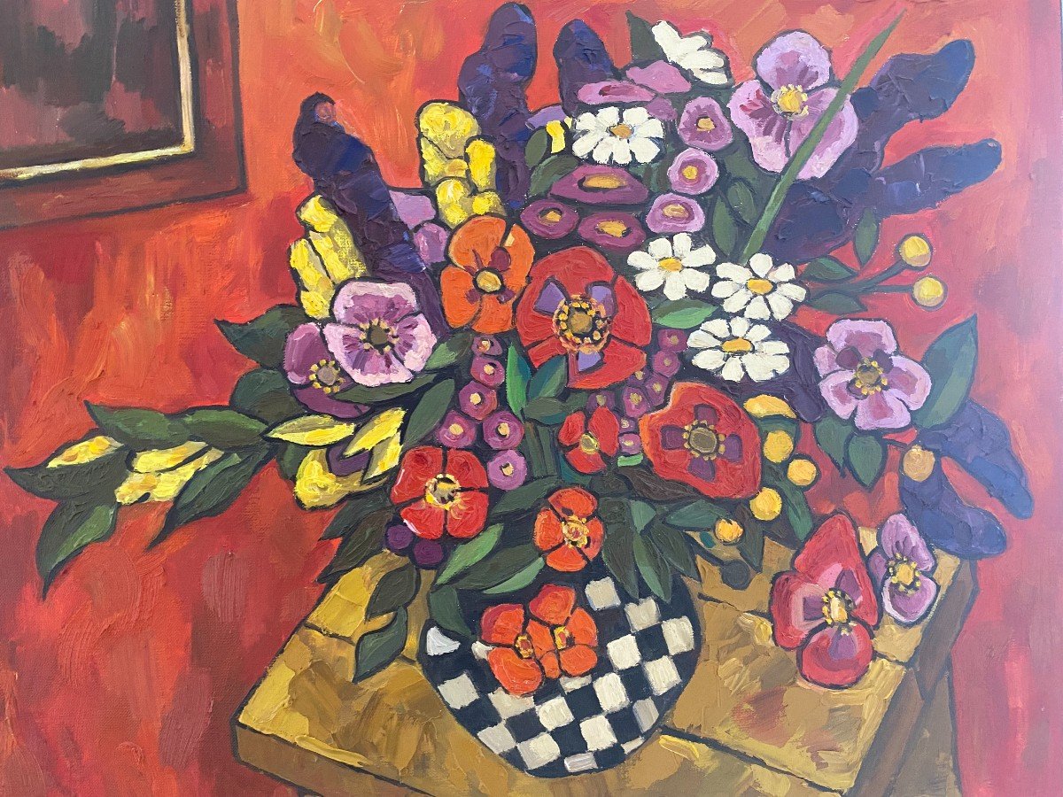 Painting “still Life Bouquet Vase Checkerboard” Russian School