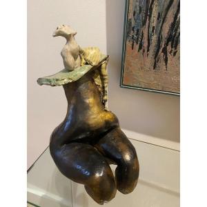 Glazed Stoneware Jeanne Grandpierre (1942-2019) “body On Body With Striped Cloth”