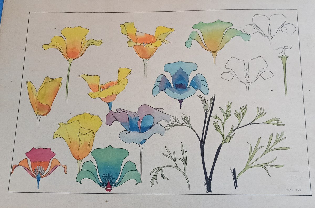 Watercolor Drawing By The Artist Edmond Alet, Art Nouveau Period Circa 1900