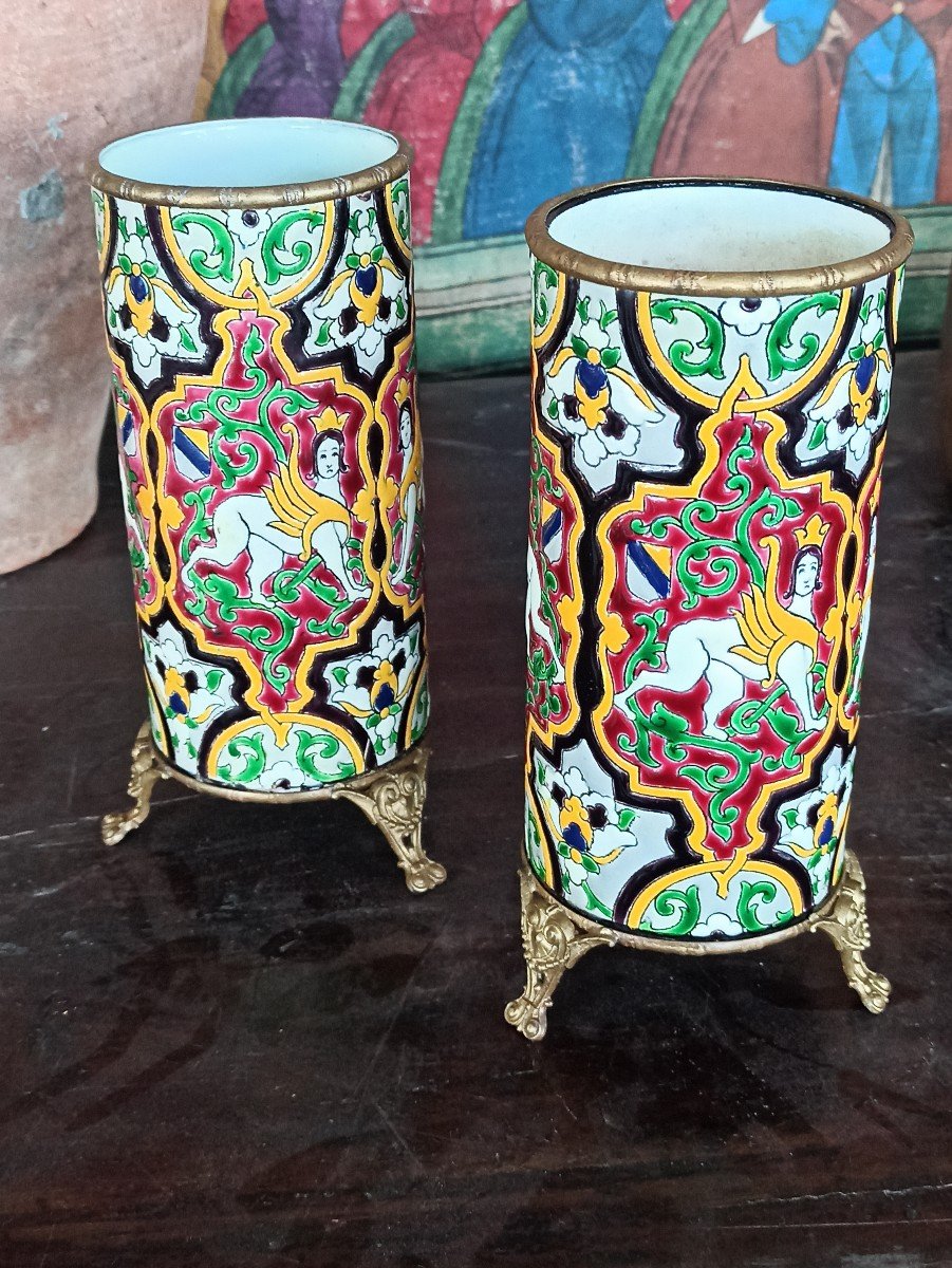 Pair Of Roller Vases In Old Man Enamels In Bordeaux And Bronze Mount Circa 1880