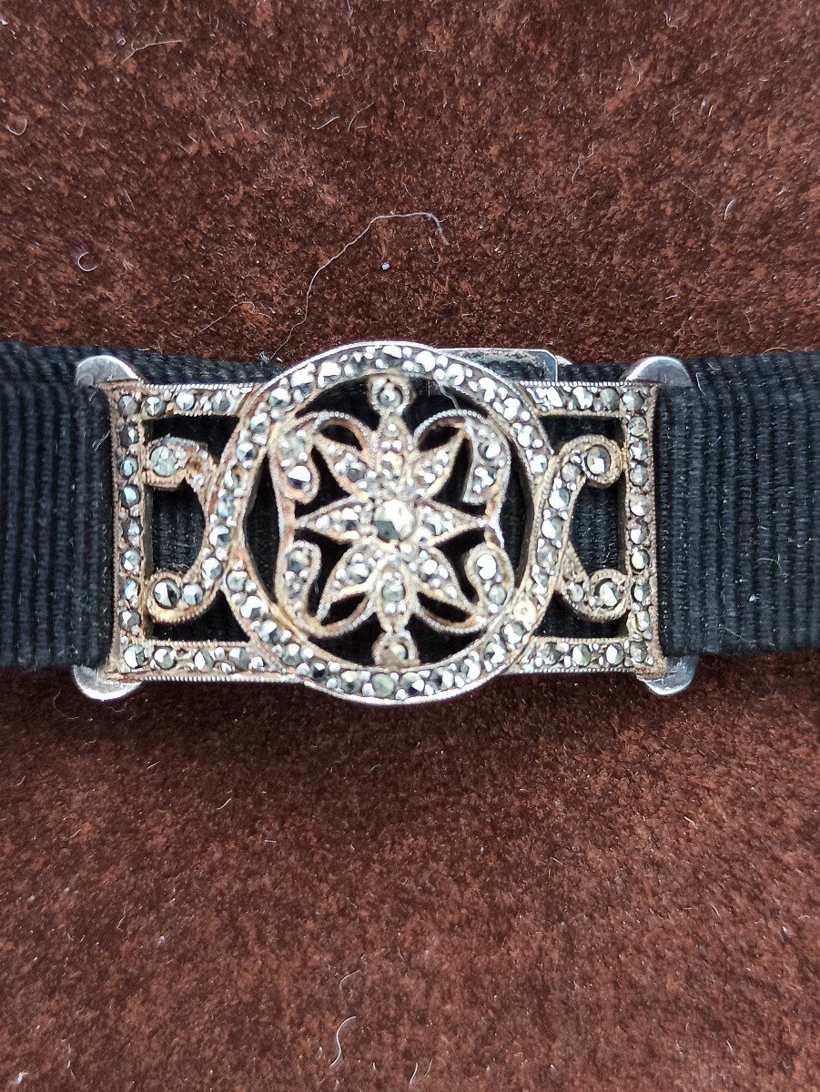 Bracelet In Silver And Pyrite With Its Silk Ribbon Romantic Period 19th-photo-2